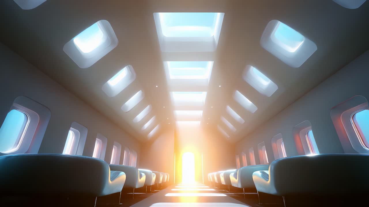A mesmerizing interior of an airplane cabin illuminated by natural light pouring through the skylights, offering a serene atmosphere that contrasts with the outside brightness in the journey's final moments