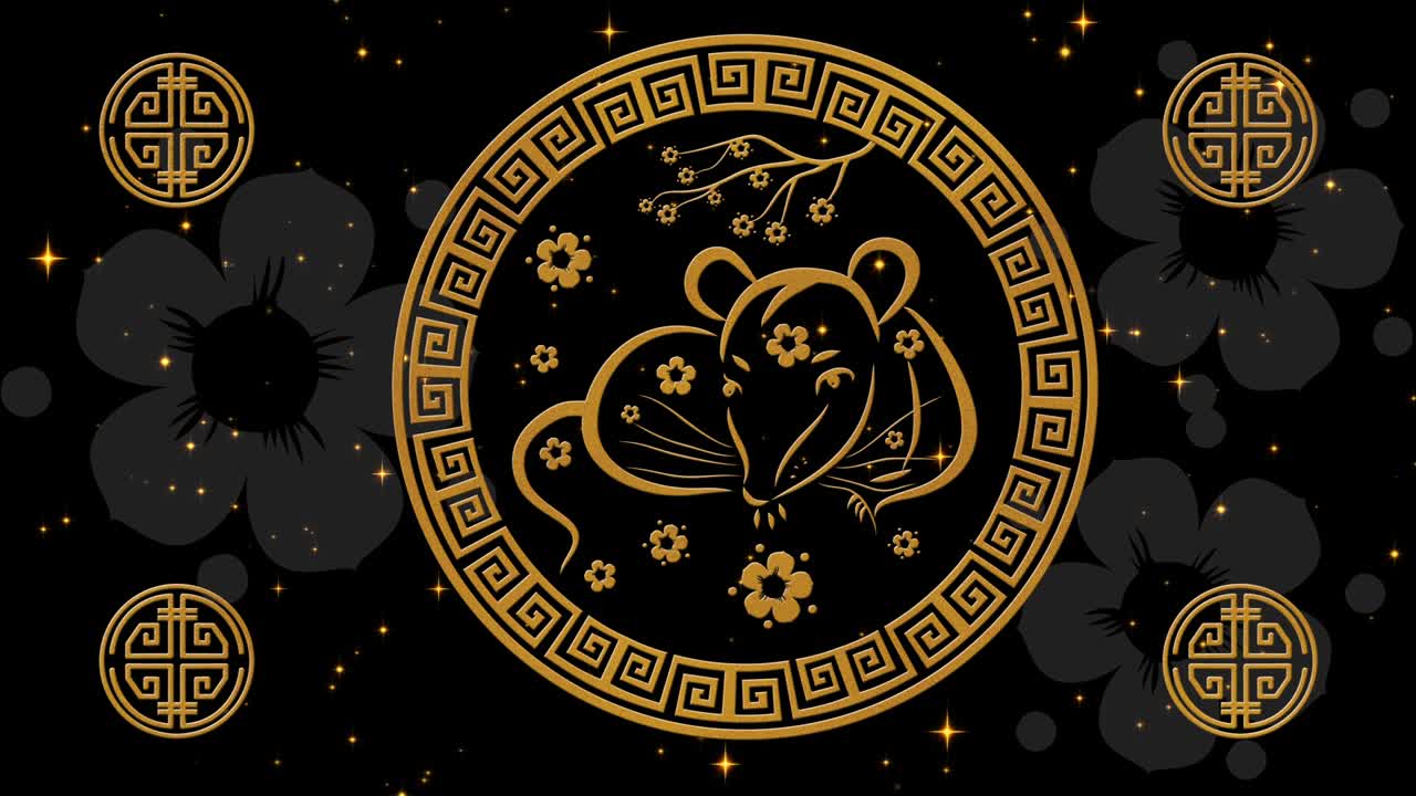 año nuevo lunar, fondo del festival de primavera con símbolo de rata, sakura, fuegos artificiales relucientes. año nuevo chino telón de fondo de la noche mágica negra para el evento de vacaciones animación de renderización 3d. bucle sin costuras video 4k