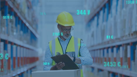 animation of digital data processing over caucasian man working in warehouse