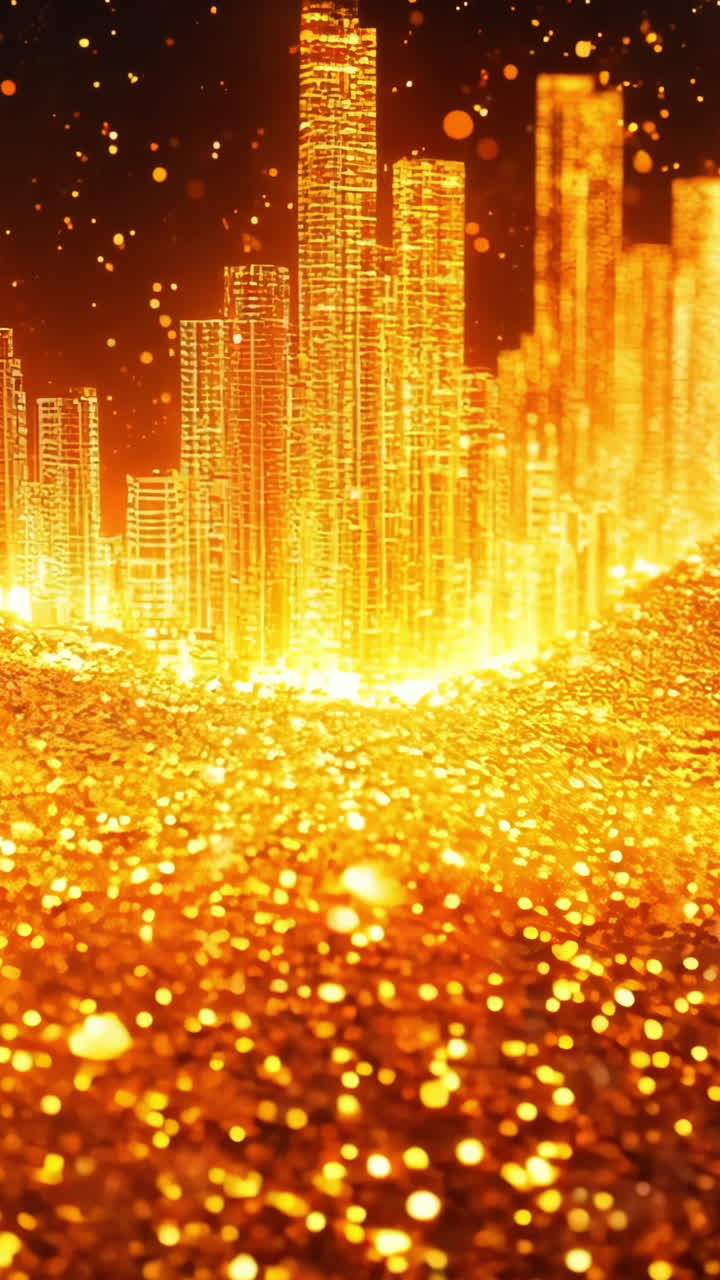 A cityscape with a lot of gold and gold coins scattered around. Scene is one of wealth and abundance