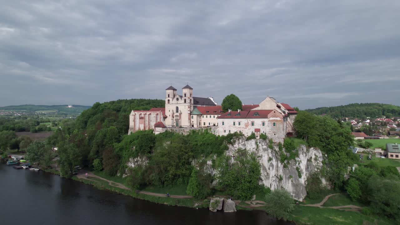 Tyniec Abbey aerial, monastery on a cliff above the Vistula River