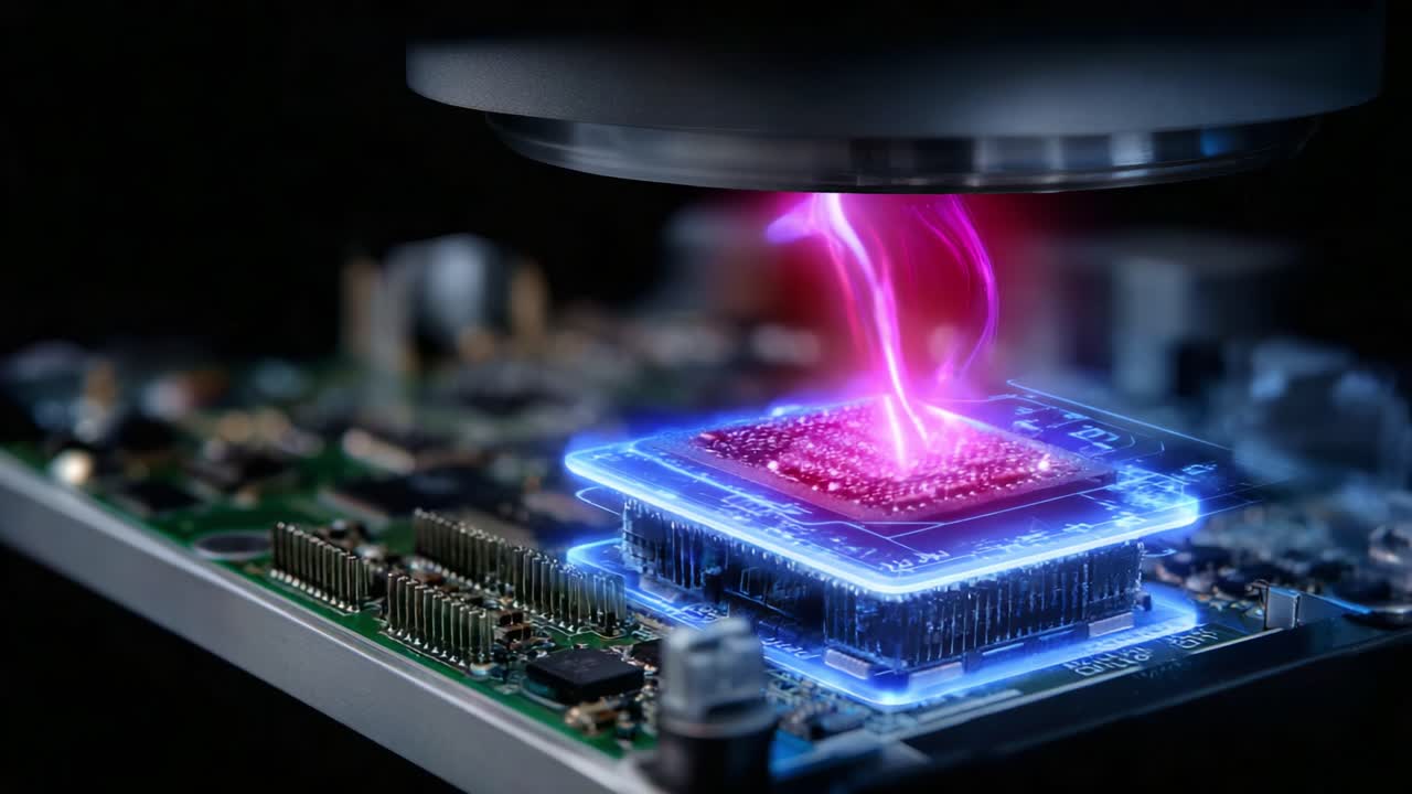 Advanced Technology Representation with a Glowing Processor on a Circuit Board Emitting Light and Energy in a Futuristic Setting