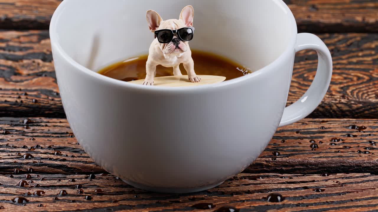 Funny French Bulldog Surfs a Coffee Cup
