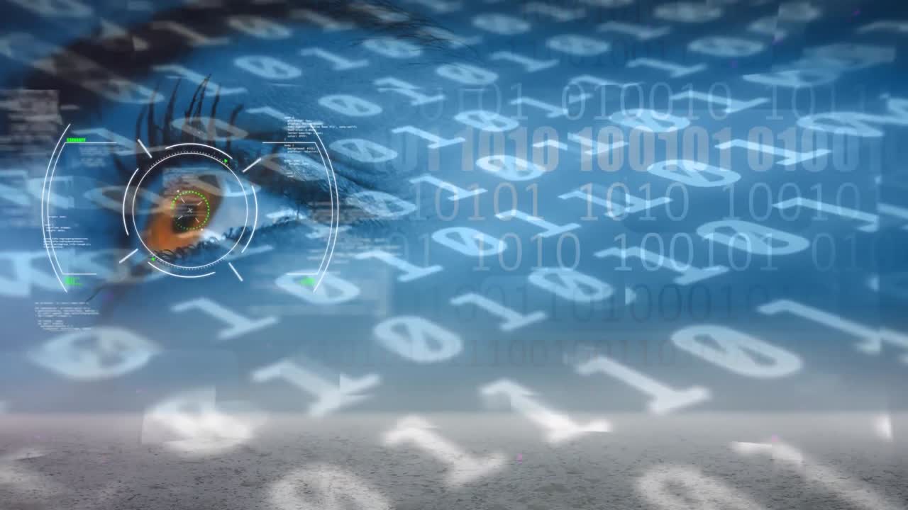 animación del procesamiento de datos de codificación binaria con escaneo de alcance y ojo