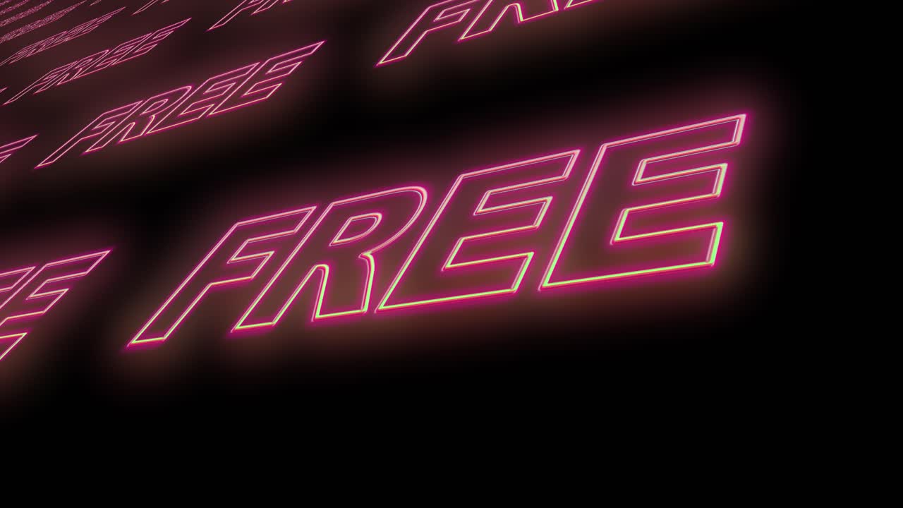 Moving neon free word sign on black surface,computer font texture