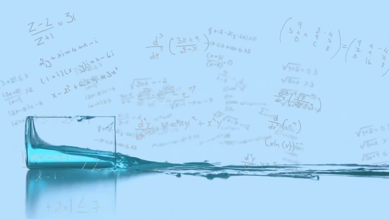추상적인 패턴의 애니메이션, 테이블에 떨어지는 유리 컵에서 흘러내린 액체에 대한 수학 방정식