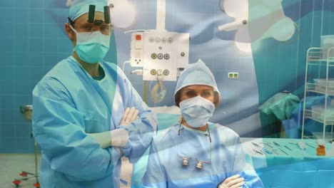 Animation-of-flag-of-nigeria-waving-over-surgeons-in-face-masks