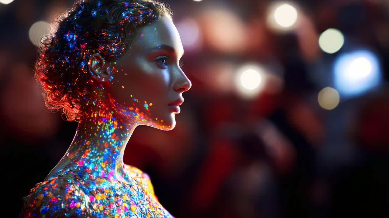 A Stunning Display of Light and Color on a Beautiful Mannequin, Captivating the Audience with Glittering Patterns, Creating a Visual Masterpiece in the Art of Illumination