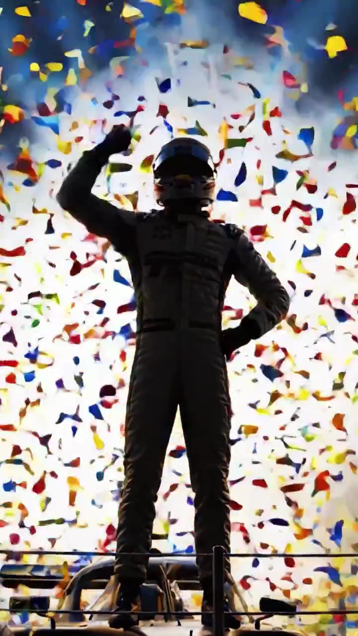 Celebrando la Vittoria: Un pilota di auto da corsa si gode trionfalmente la gloria tra un'esplosione di coriandoli colorati ed euforia dopo aver vinto la gara del campionato.
