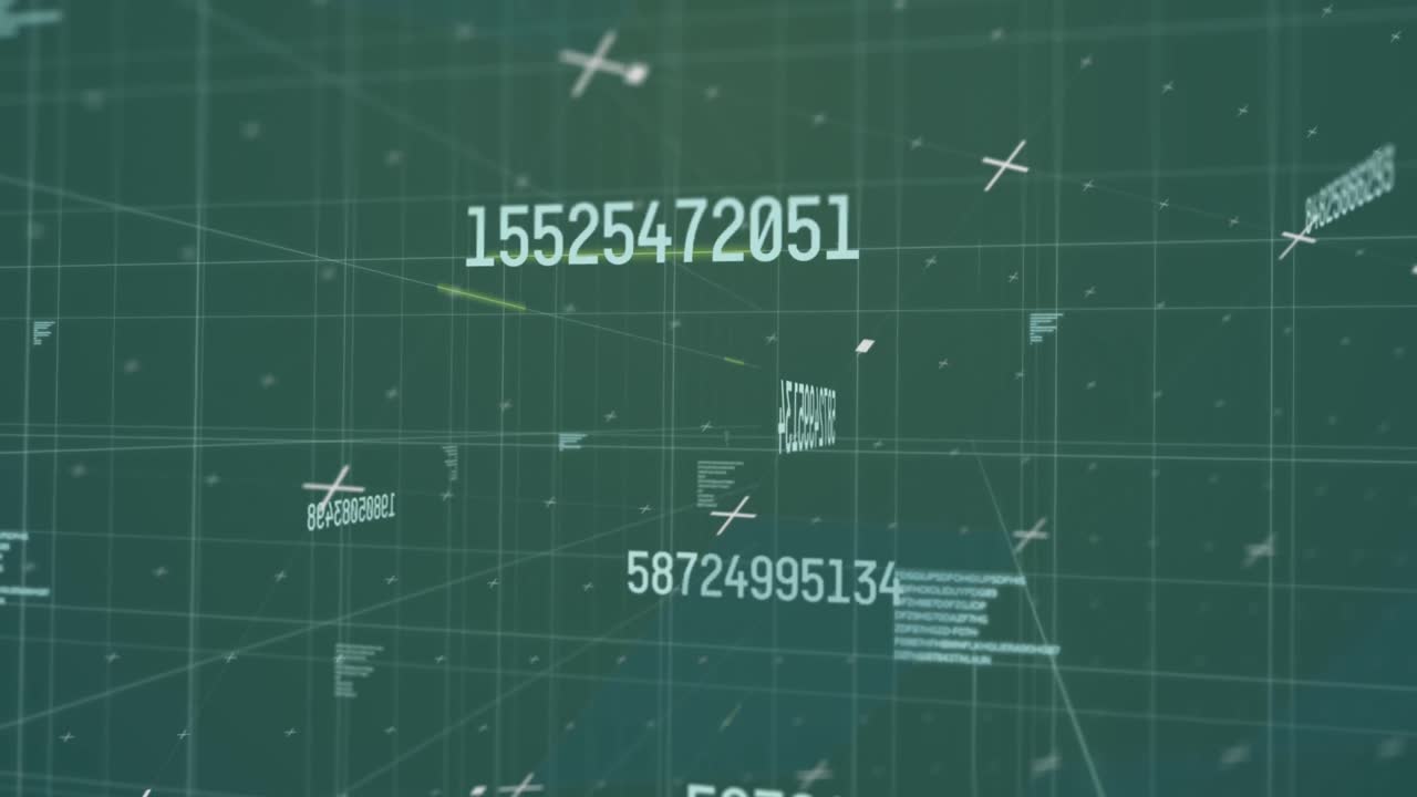 녹색 배경에 있는 그리드 위에서 숫자의 변화와 데이터 처리의 애니메이션