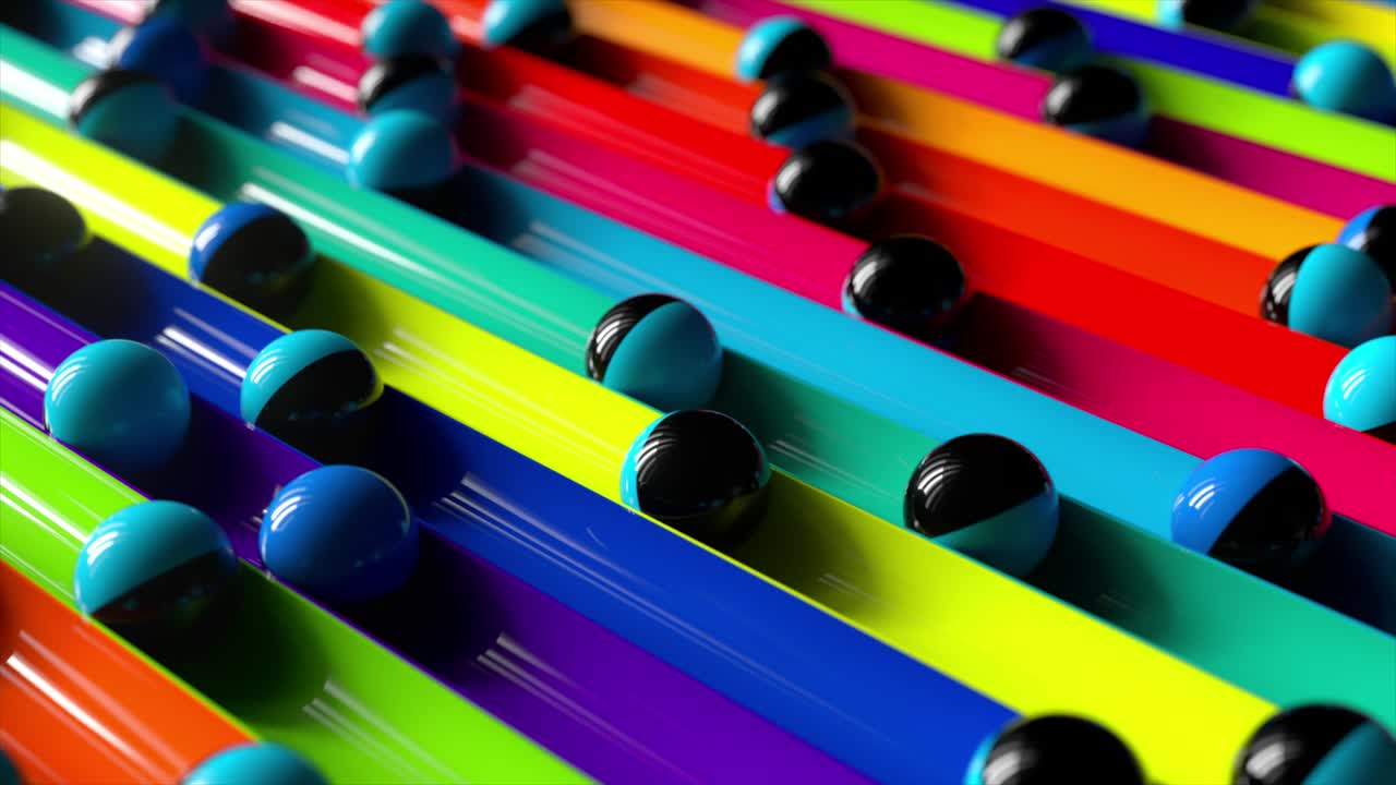 Bright colorful background with rolling balls along the paths. Minimalism and fashion concept. 3d animation of a seamless loop