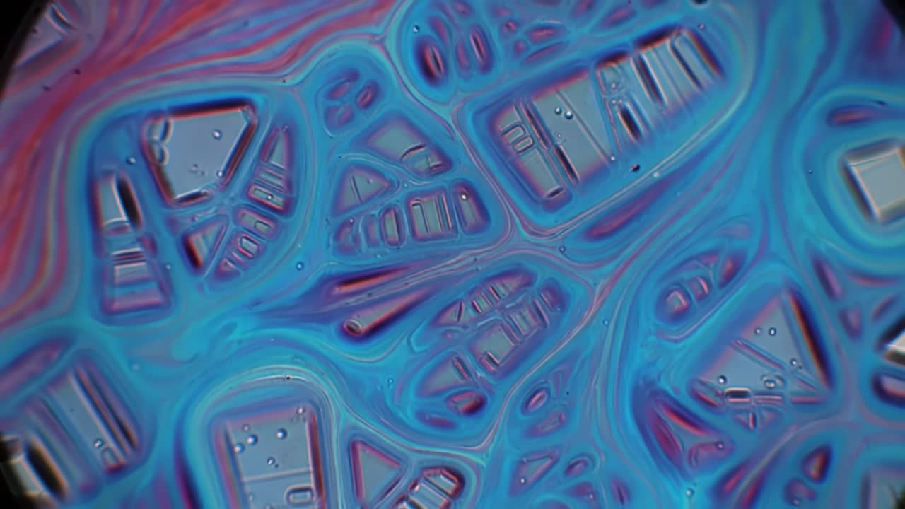 Colorful Patterns Emerge Under Microscope Showcasing Unique Formations of Vibrant Colors and Textures in Fluid