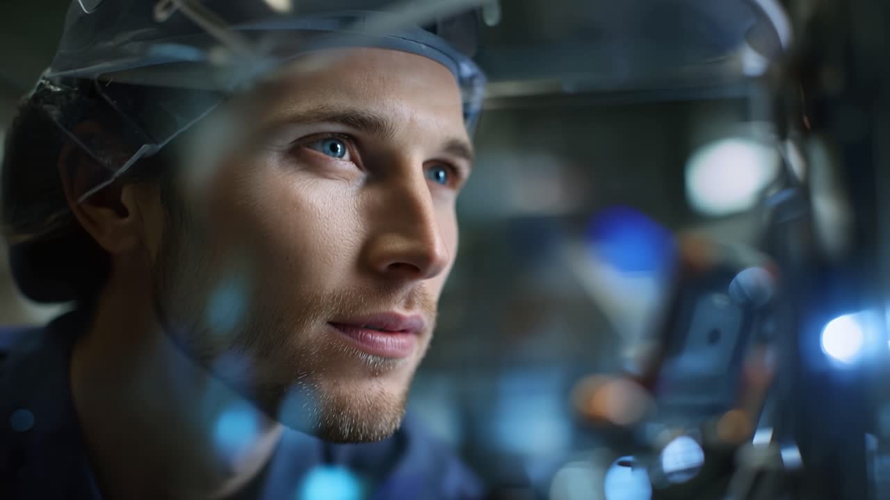 Young man wears protective gear, focused intently. Blue lights glow behind him, casting a cool glow. He leans forward, eyes fixed on unseen task ahead. Concentrated worker in industrial setting, calm