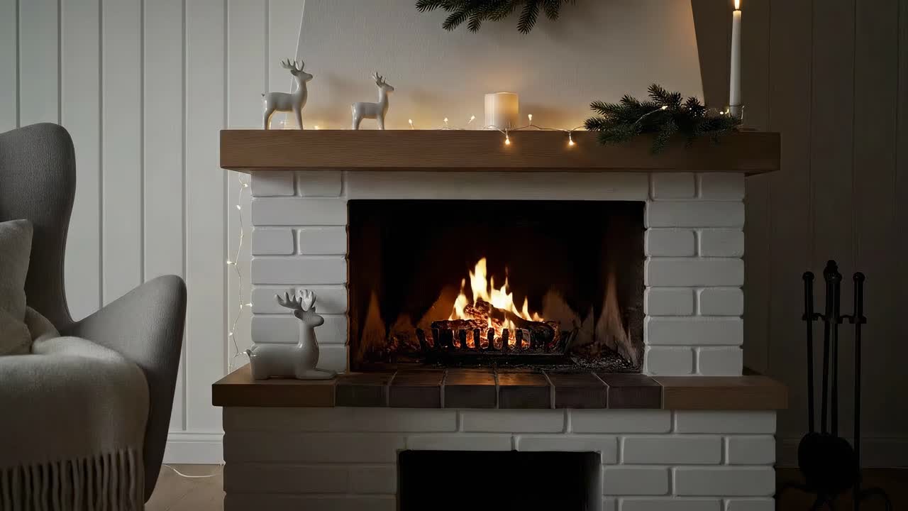 Cozy fireplace scene with candles and decor, captured from a straight-on angle, ideal for a warm