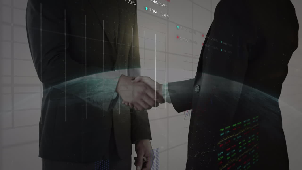 Animation of data processing and globe over businessman handshake