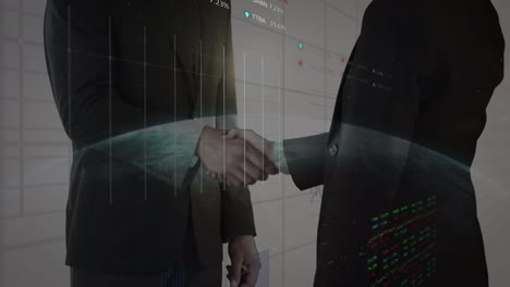 animation of data processing and globe over businessman handshake