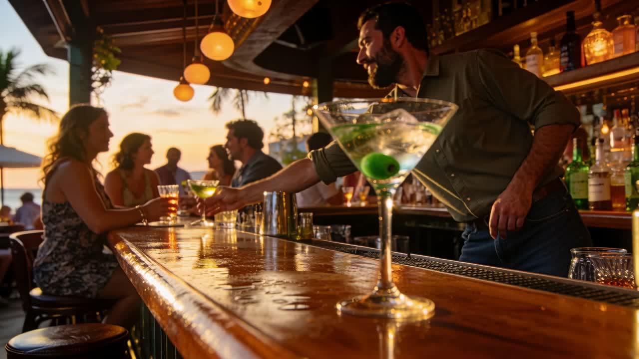 Bartender shaker og skubber derefter martiniglas over baren for at servere for en siddende kvinde, gæster snakker.