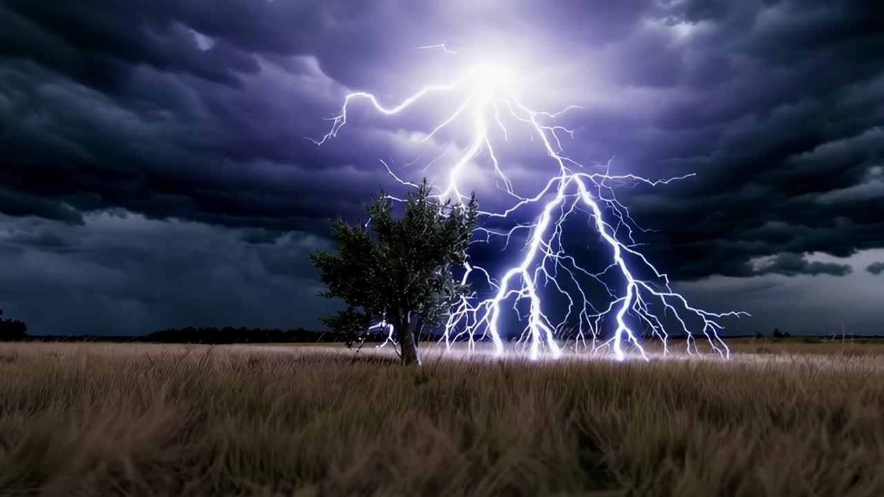 Lyn slår ned i et træ på en mark under en storm