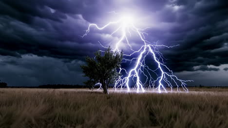 lightning striking a tree in a field during a storm
