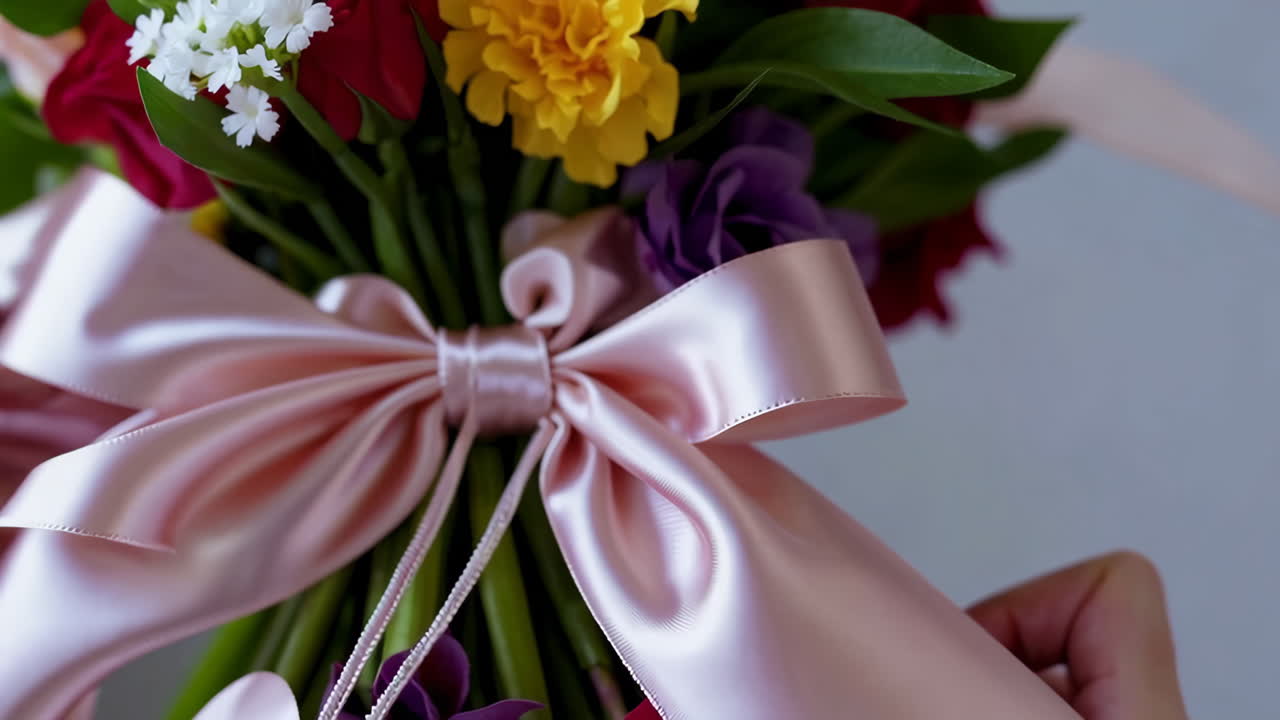 Close-up of a festive flower bouquet with a pink bow and heart tag