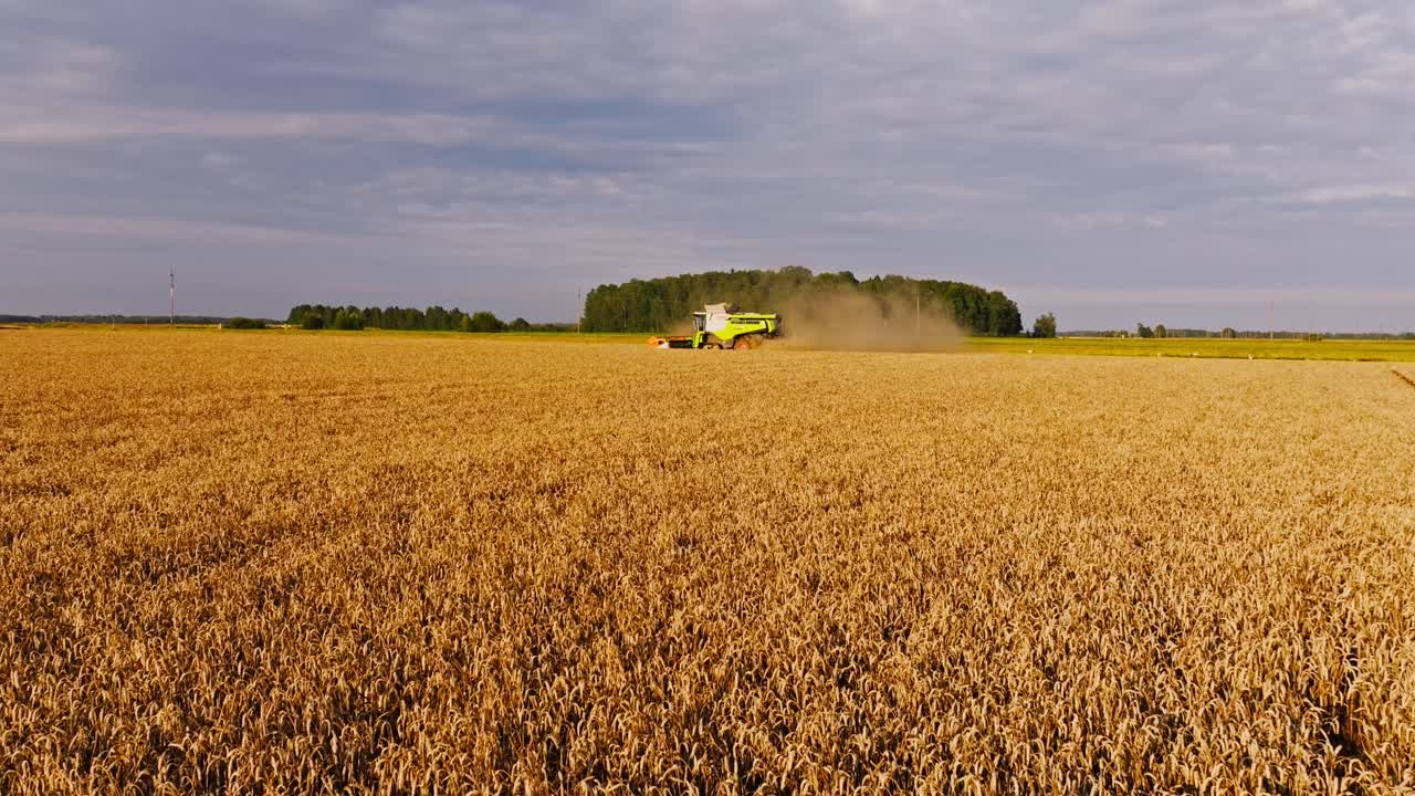 Vast wheat field with combine at sunset as metaphor for water, resource limits