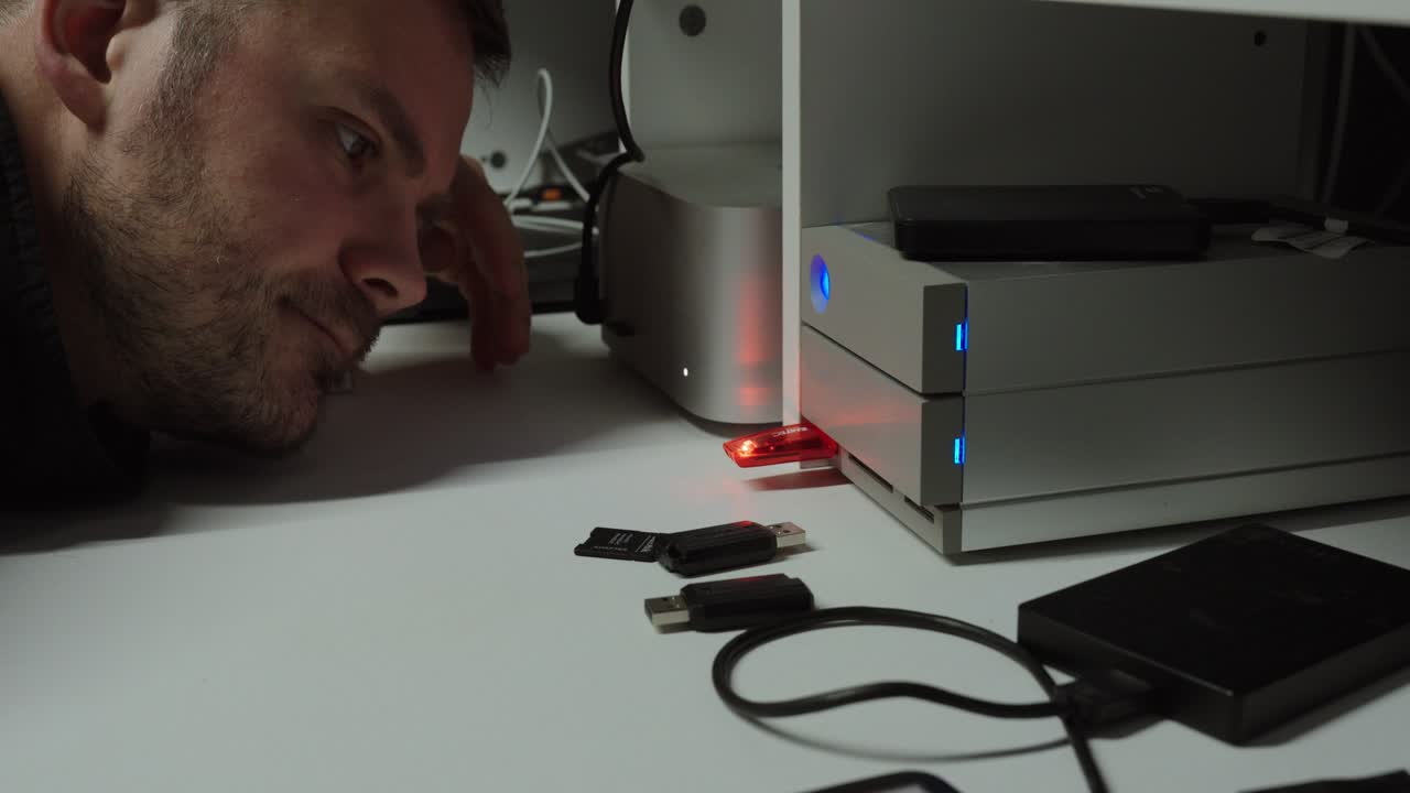 Man closely observing a desktop storage device with blinking red and blue indicator lights, suggesting slow data transfer, system performance issues, or hardware troubleshooting in a home office setup