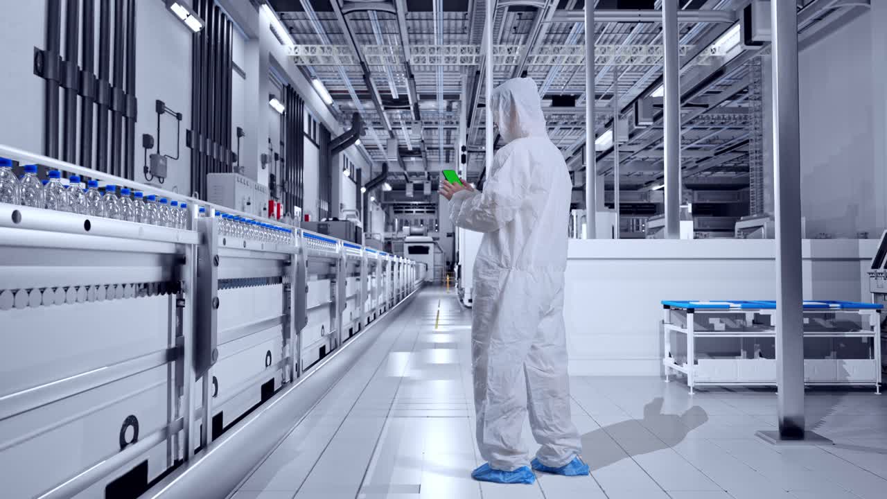 Full Body Back View Of Asian Male Scientist Use Mock Up Green Screen Smartphone While Standing In Water Factory, Water Bottles on Production Line