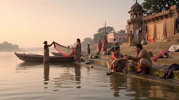 Persone che lavano i vestiti e si bagnano ai ghat del fiume Gange in India.