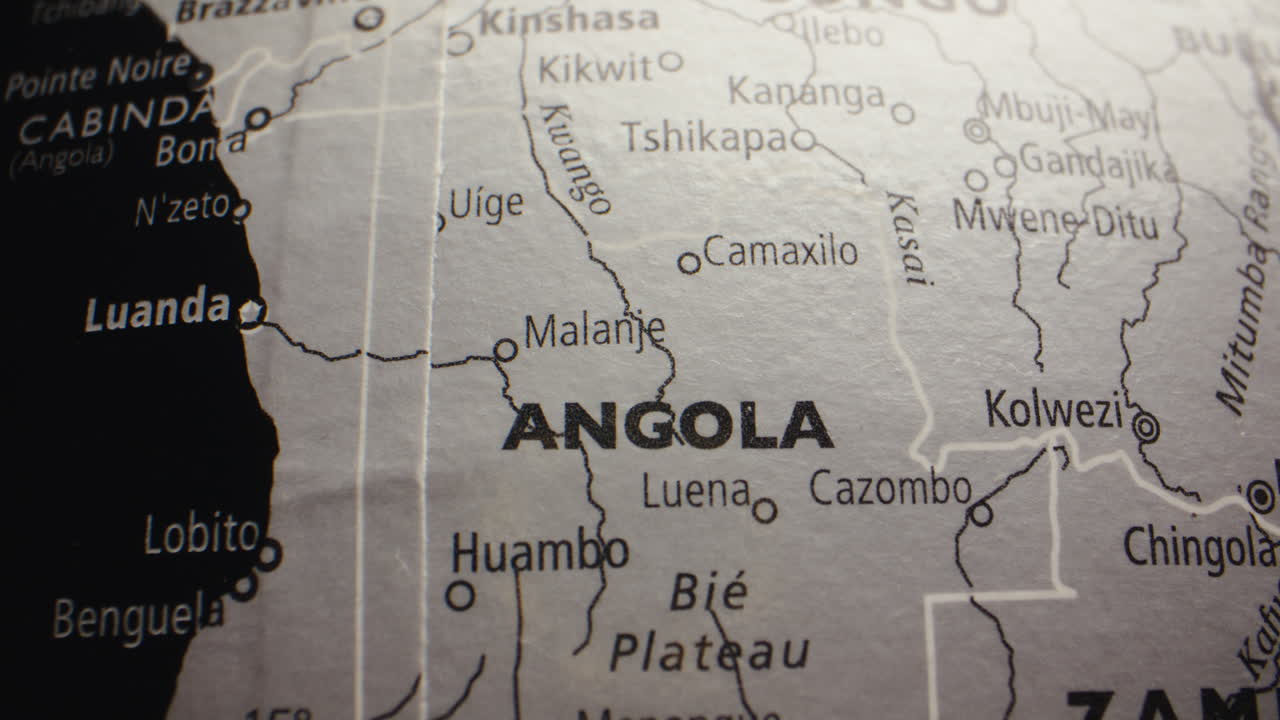 A close-up view of Angola and surrounding African countries on a map