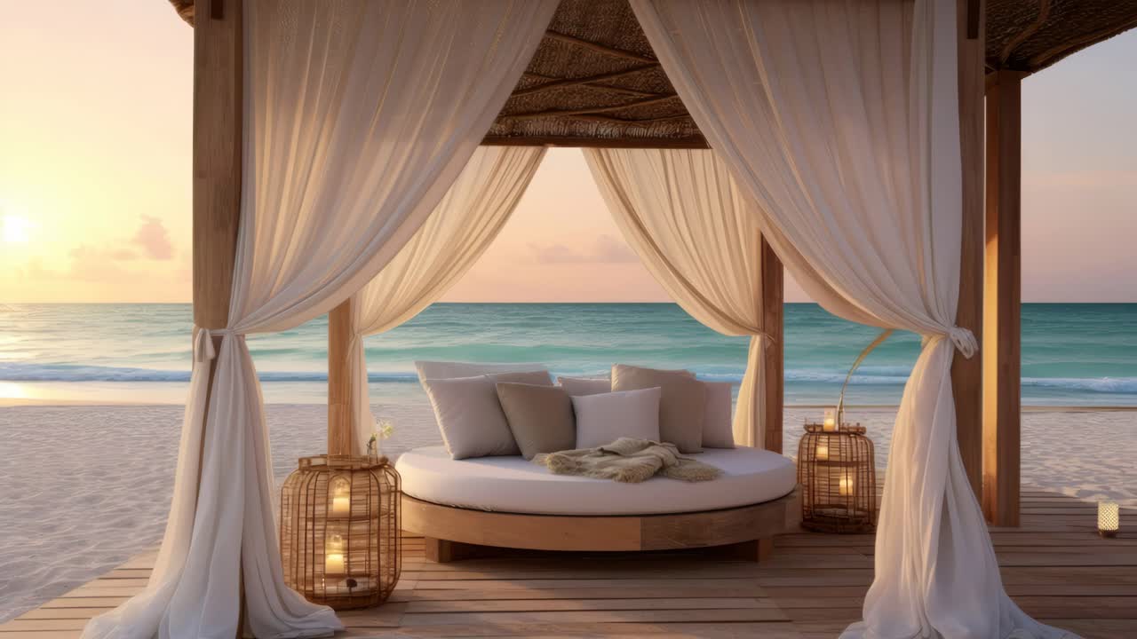 Serene beach cabana with draped curtains at sunset, captured from a low angle
