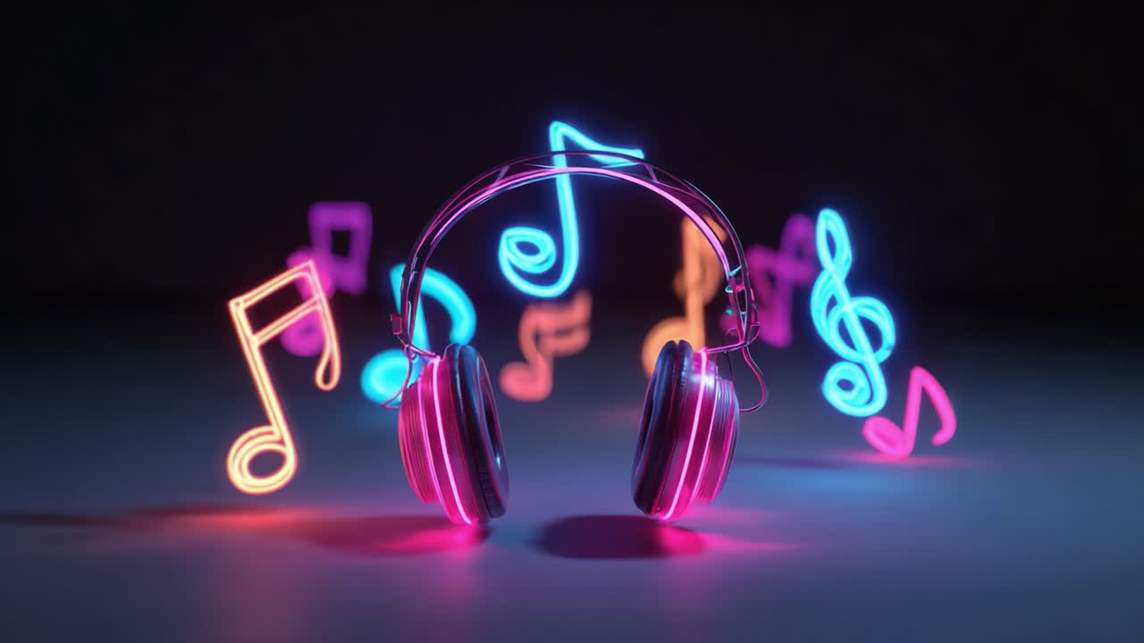 A colorful display of neon musical notes encircles a stylish pair of headphones, capturing the essence of sound, rhythm, and the joy of music in a visually captivating manner