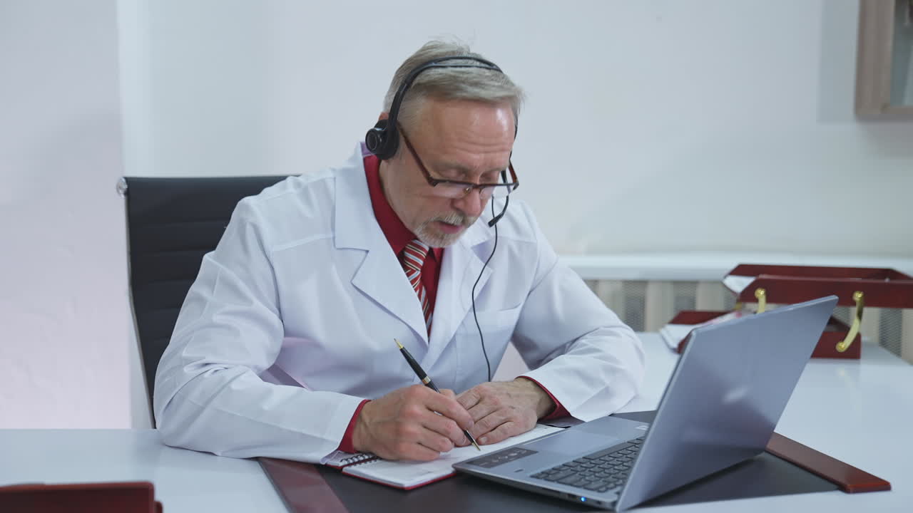 Doctor wear headset who is listening to patient and then talking about his symptom online. Telemedicine concept