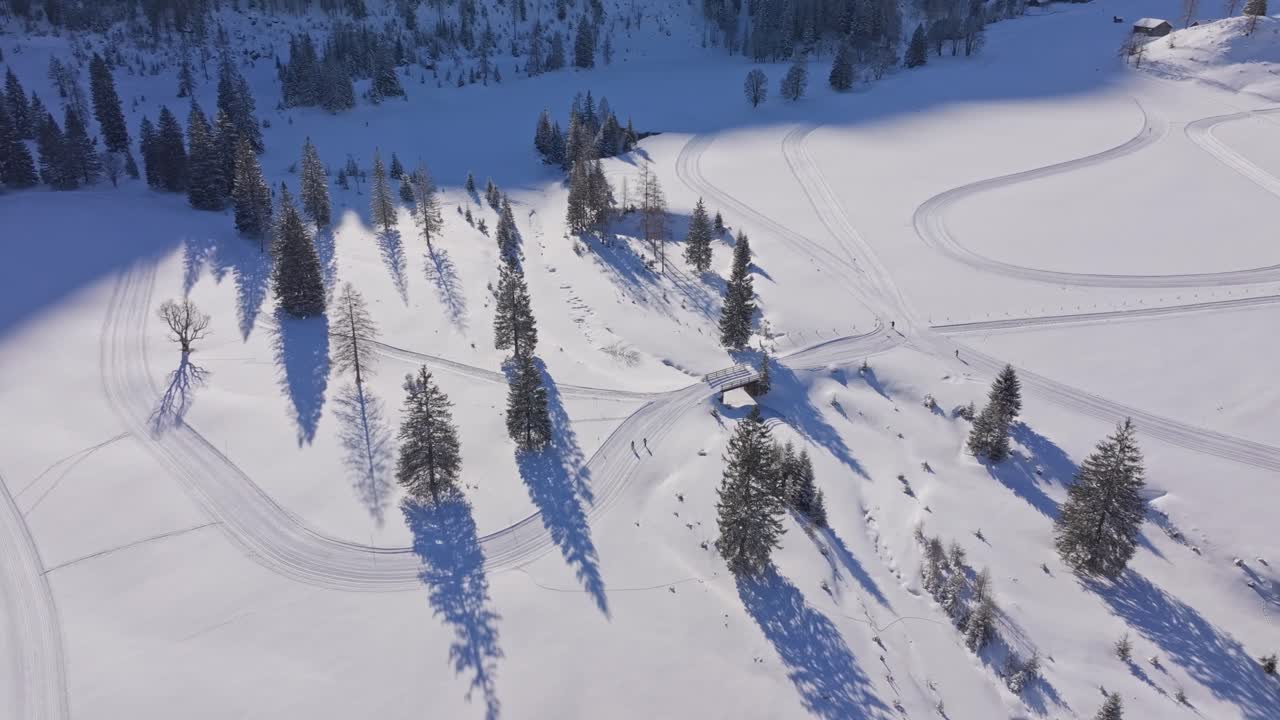 Vista aerea di sciatori di fondo che scivolano su un terreno innevato in Austria