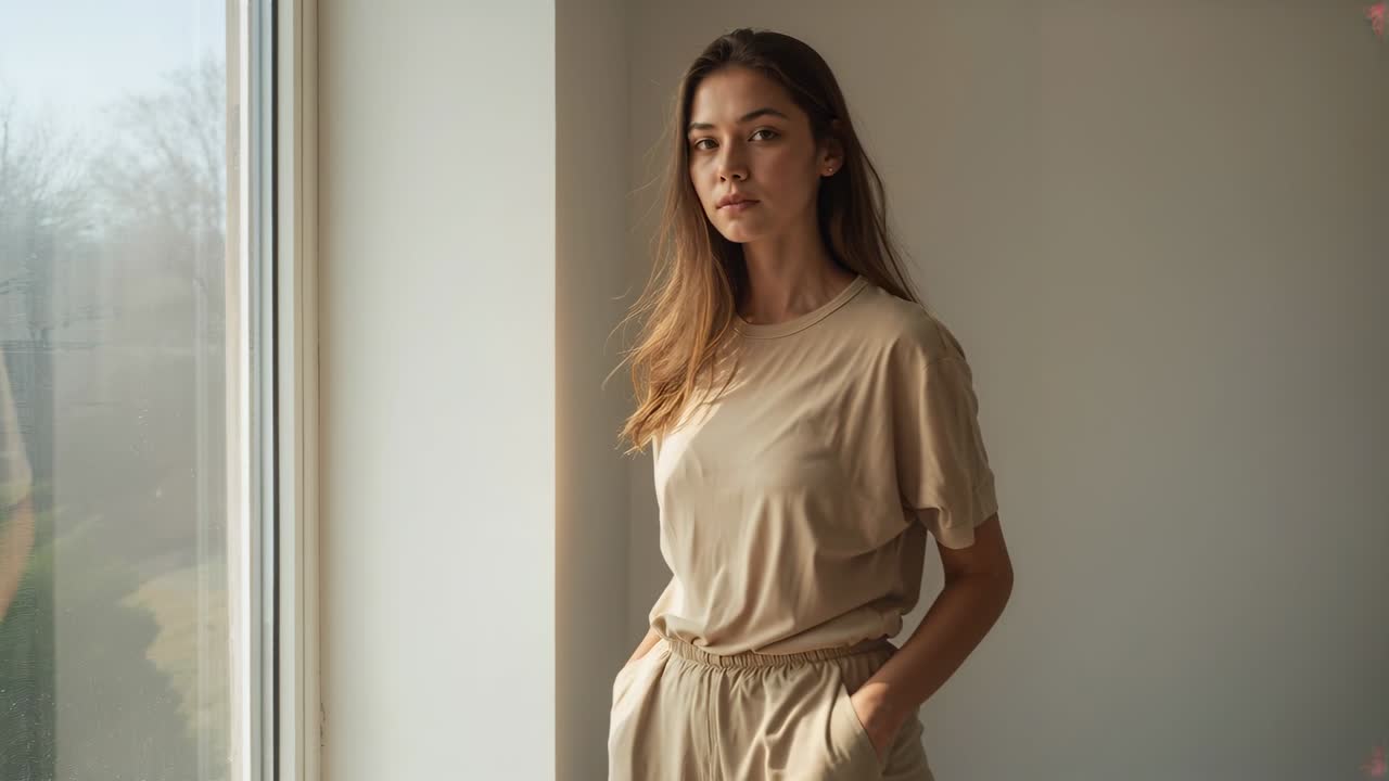 Donna che sposta lo sguardo, in posa accanto a una finestra a sinistra, la luce le fa sistemare una ciocca di capelli, con le mani in tasca, maglietta beige.