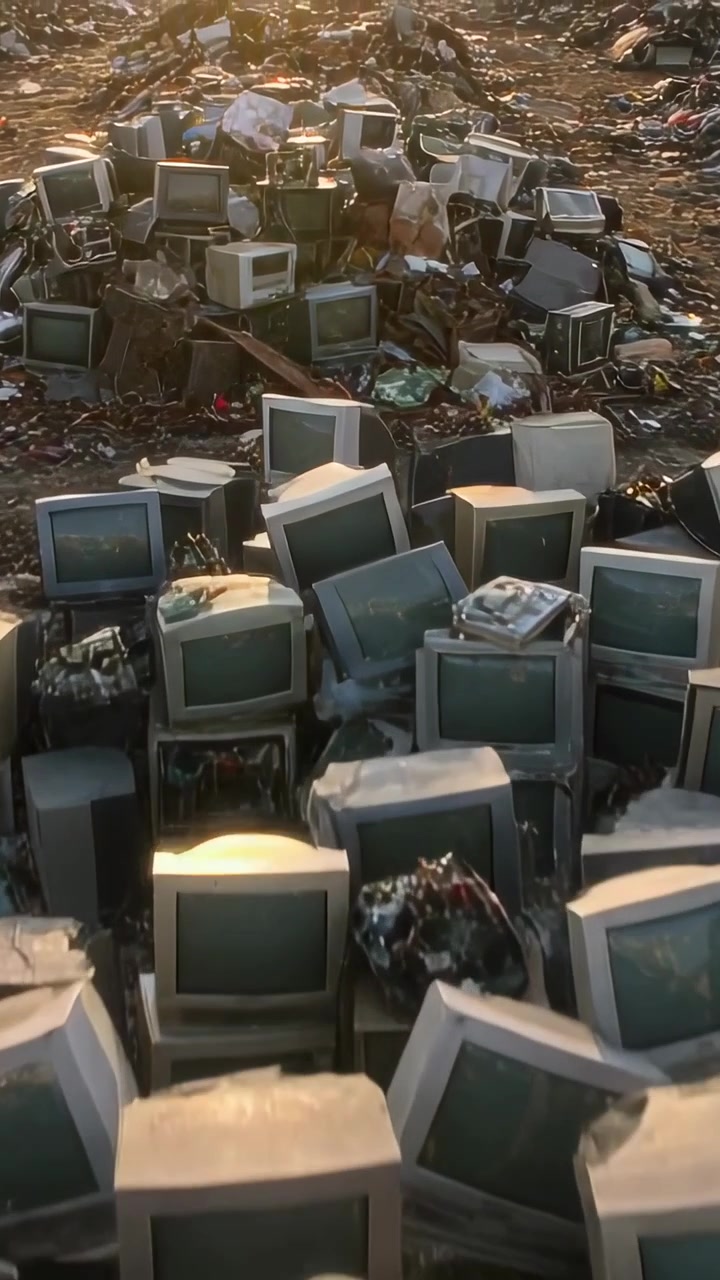 Video verticale: La telecamera si allontana rivelando una pila di monitor CRT in una discarica per mostrare l'entità