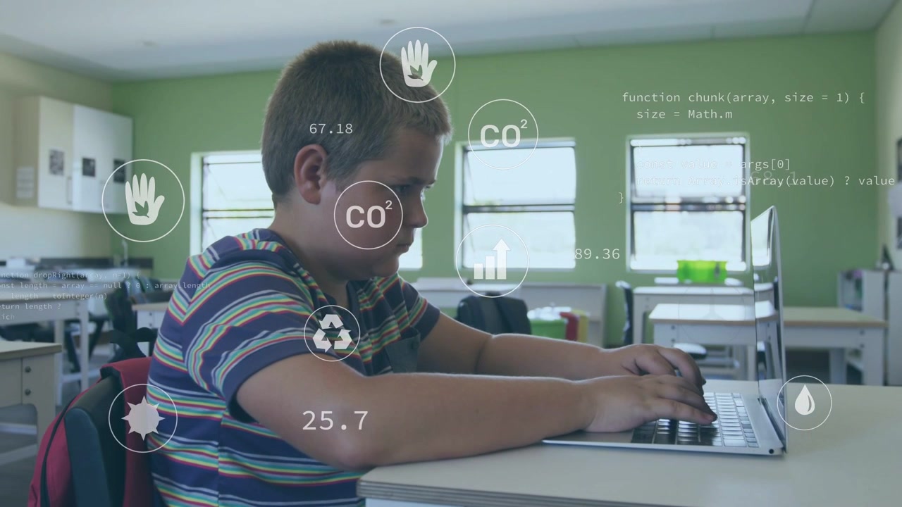 Child typing on laptop in classroom, animating environment icons and data overlays for learning