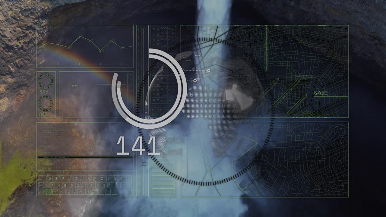 Digital data and map overlay animation over waterfall and rainbow scene
