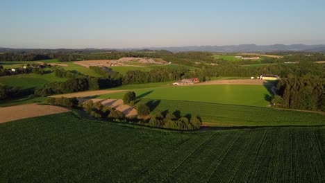 Hermoso-Paisaje-De-Campos-Verdes-En-Austria-Bajo-El-Horizonte-Y-Un-Hermoso-Cielo-Azul