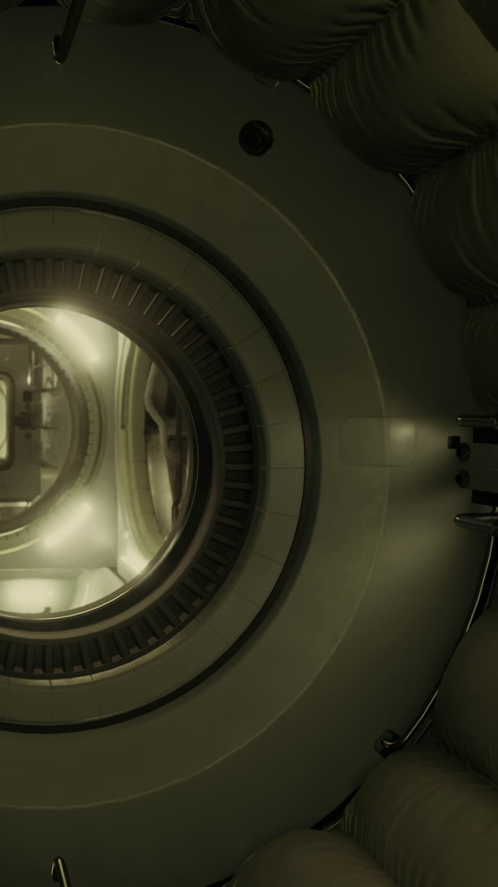 View of a circular hatch in a spacecraft with interior lights at night