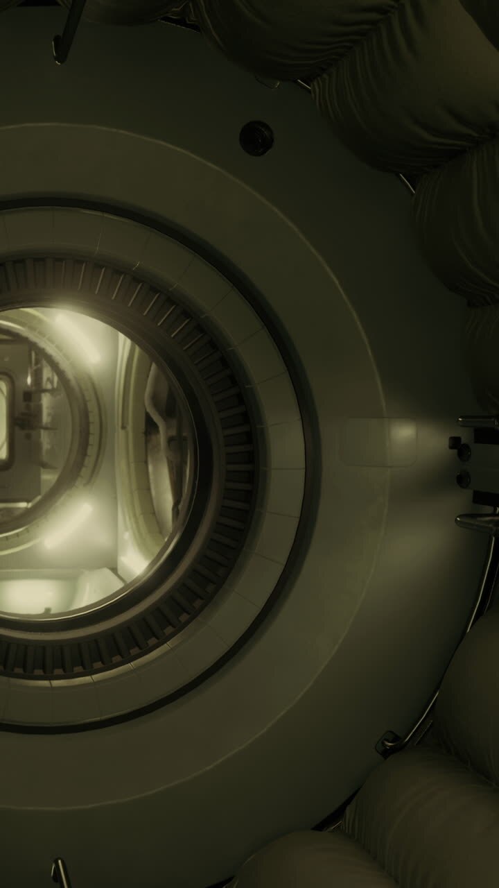 View of a circular hatch in a spacecraft with interior lights at night