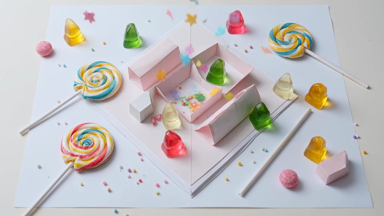 Confetti drifting inward, sprinkles falling filling pink pop-up box on white mat, decorating cavity
