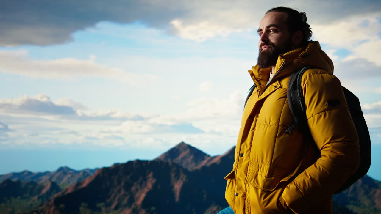 un excursionista con ropa cálida mira la cordillera panorámica