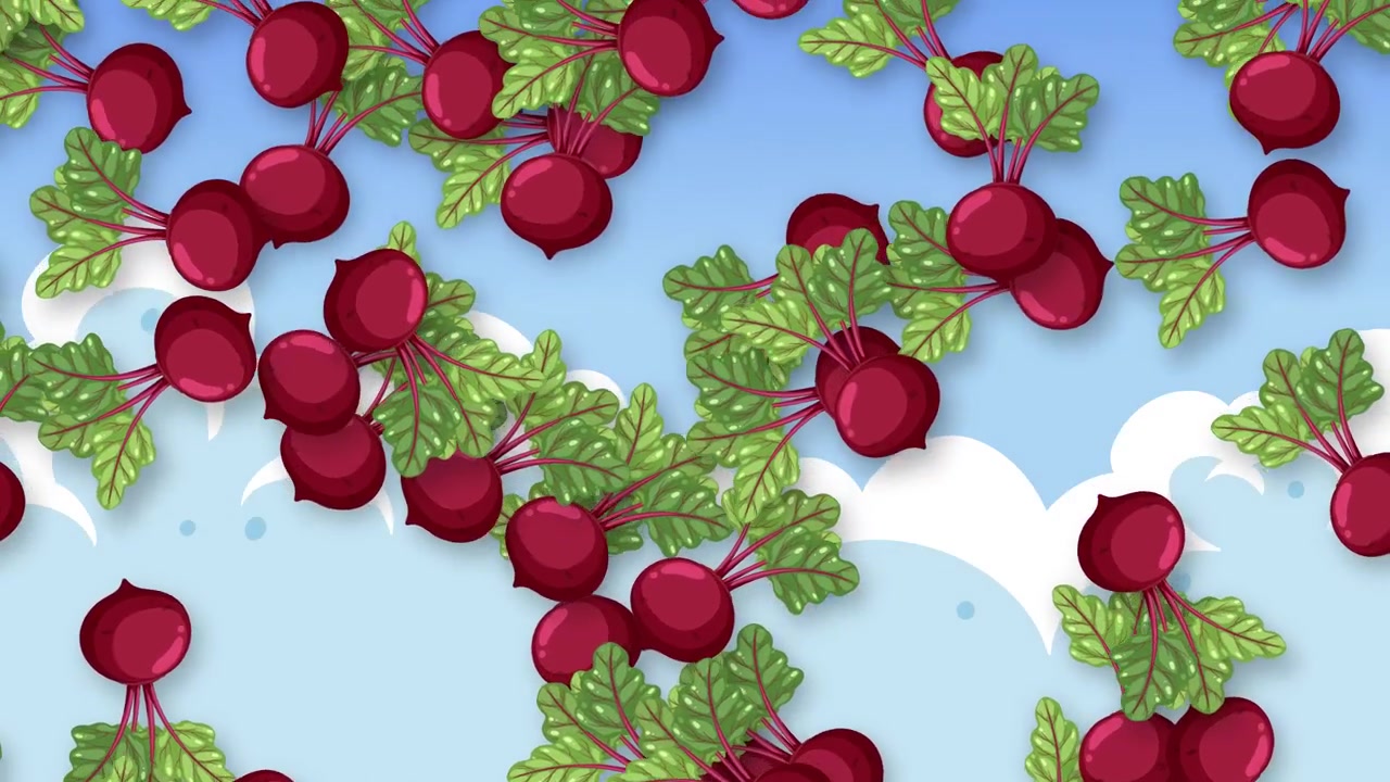 Cartoon beetroots fall continuously against a bright blue sky with stylized white clouds background.
