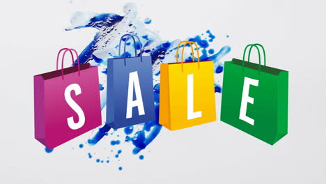 Animation-of-sale-text-in-single-letters-on-coloured-shopping-bags-over-blue-paint-splash