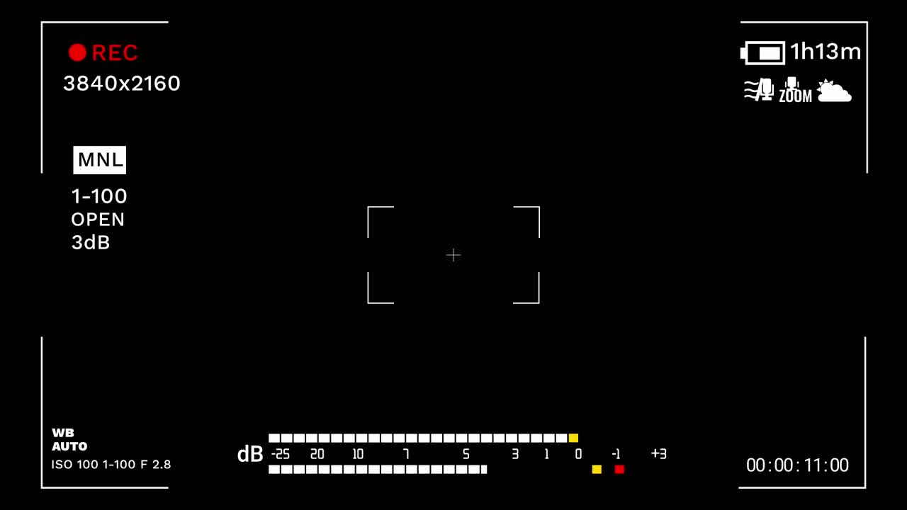 Horizontal 16:9 professional camera viewfinder screen with detailed 4k data, audio levels, and focus brackets. For filmmaking or tech concepts