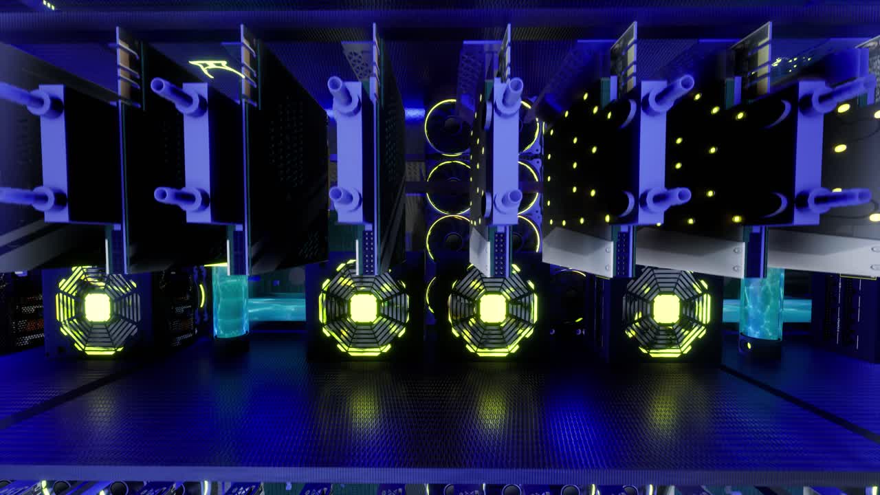 3d-анимация горнодобывающего оборудования на стойках для шахты криптовалюты в стальном контейнере. применение технологии блокчейна для конкретных интегральных схем.