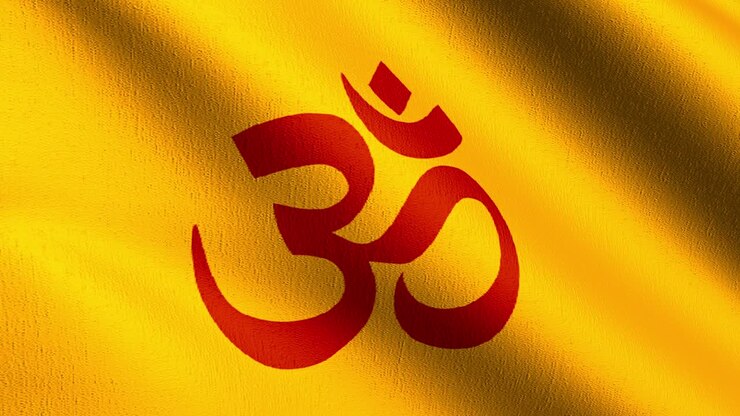 Seamless loop. Flag of Hinduism. 3D rendering illustration of waving sign symbol. Hindu religion.