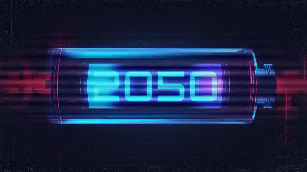 Power sparking neon cell pulsing red X beams, flickering 2050 numerals signaling charge in studio