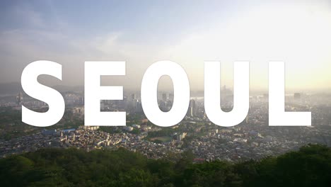 drone shot of south korean city skyline overlaid with animated graphic spelling out seoul