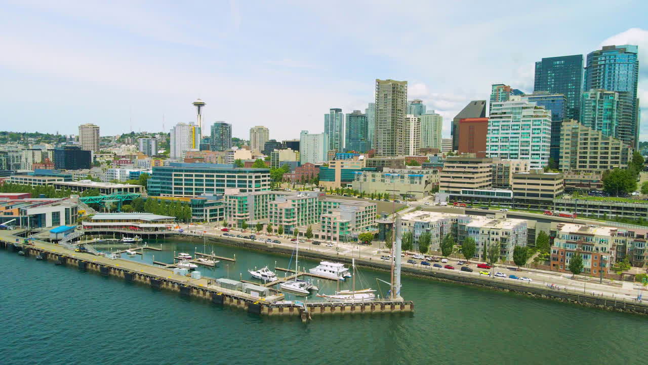 Aerial Seattle Downtown establishing shot, Waterfront pull out shot